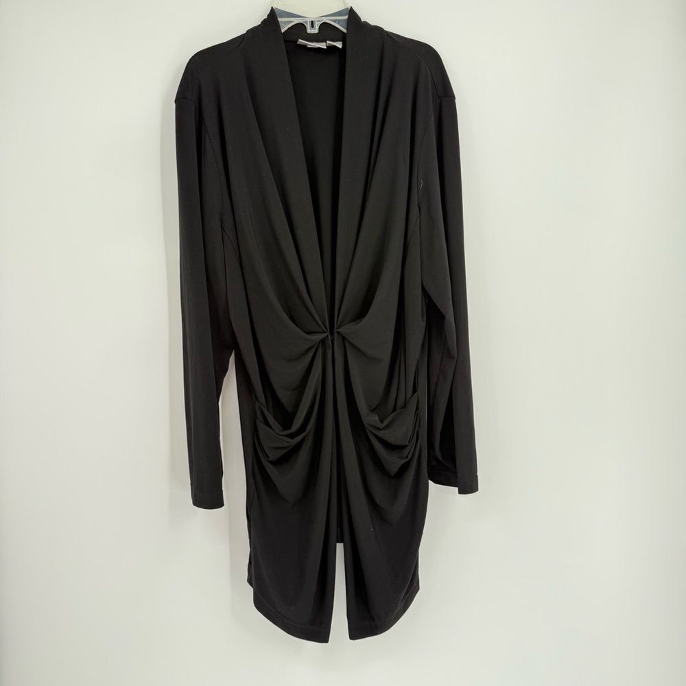Chico's Black Slinky Knit Ruched Front Long Cardigan size 3 (XL) Long Sleeves